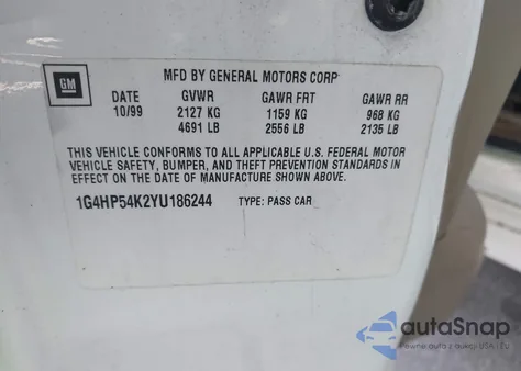 2000 Buick Lesabre Custom z USA, uszkodzony, nr VIN 1G4HP54K2YU186244